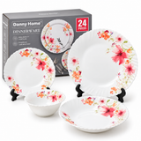 Danny Home 24-Piece Opal Glass Pink Floral Dinner Set
