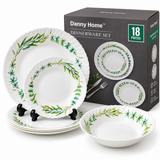Danny Home 18-Piece Opal Glass Green Botanical Dinner Set