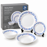 Danny Home 24-Piece Opal Glass Blue Botanical Dinner Set