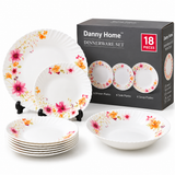 Danny Home 18-Piece Opal Glass Pink & Orange Floral Dinner Set