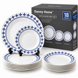 Danny Home 18-Piece Opal Glass Blue Geometric Border Dinner Set