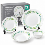 Danny Home 24-Piece Opal Glass Green Botanical Dinner Set